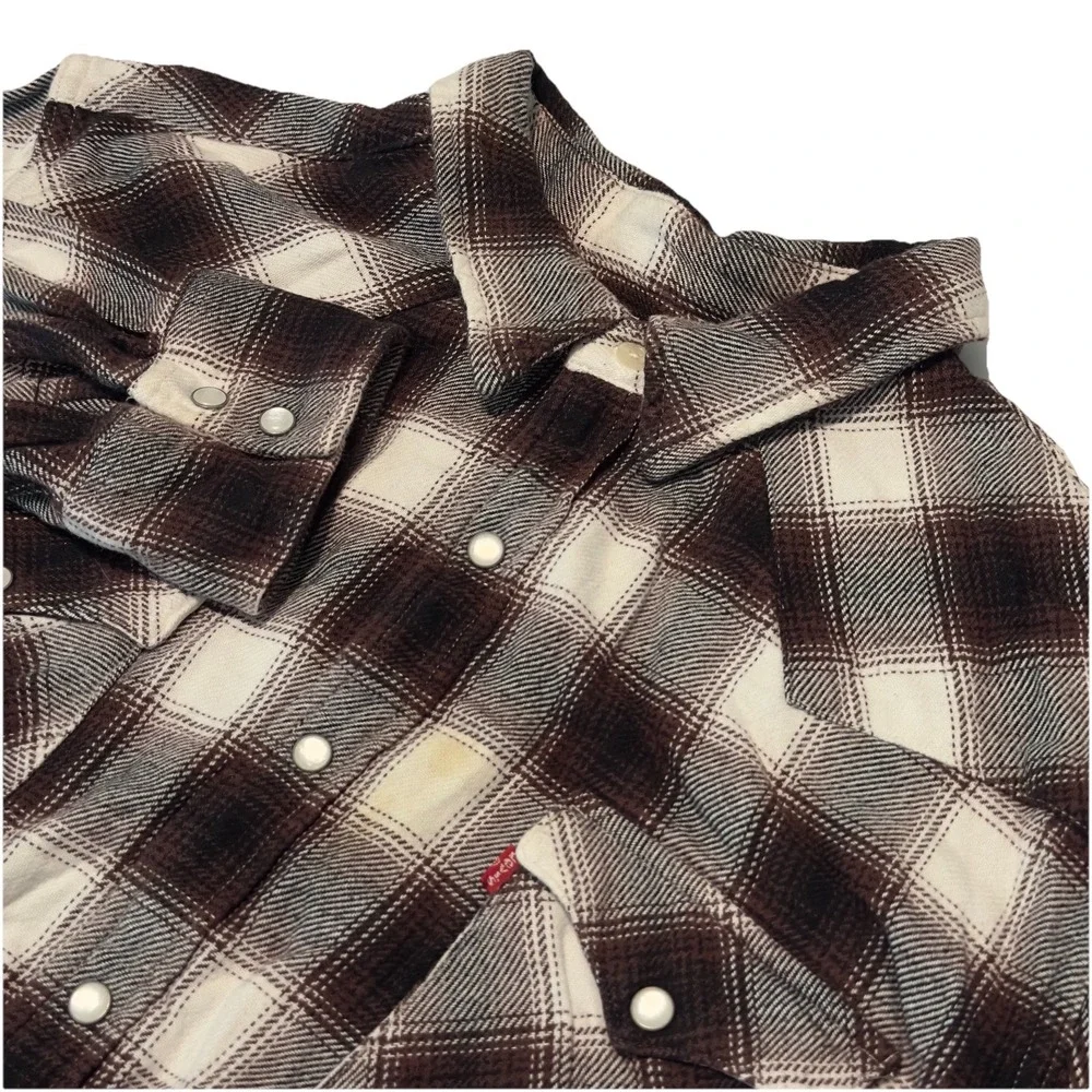 Levi Men's Button Up Shirt XXL Brown Plaid Pearl‎ Snaps Long Western Casual